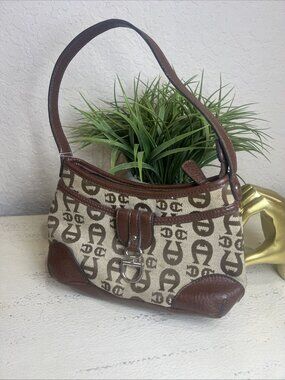 Vintage Etienne Aigner Classic Hand Bag Ivory Brown Canvas Leather Trim